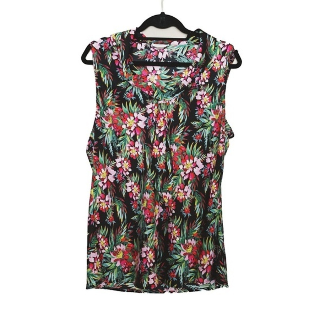 Tahari Women's Sleeveless Floral Print Tie Neck Blouse Top Size Large Preowned